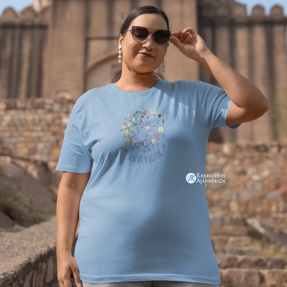 Hálás vagyok - igés, mintás, keresztény feliratos, kereknyakú NŐI PÓLÓ unisex fazonban, NAGY MÉRETEK - XL ( égkék )