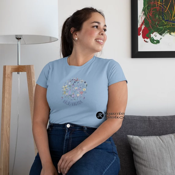 Hálás vagyok - igés, mintás, keresztény feliratos, kereknyakú női póló, ÉGKÉK színben XS - 2XL méretben ( 2XL )
