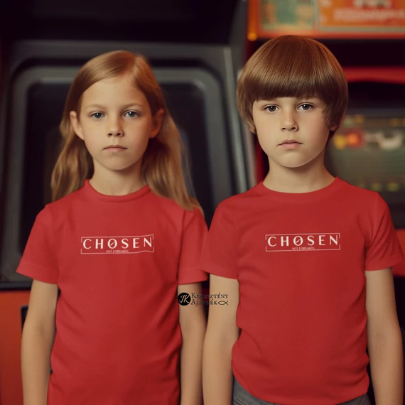 Chosen - not forsaken ( Kiválasztott, nem elhagyott ) - igés, mintás, keresztény feliratos, kereknyakú póló, lányoknak, fiúknak (1 évestől 14 éves korig ) PIROS - 1-2 éves méret