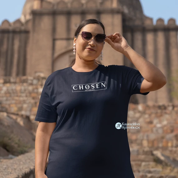 Chosen - not forsaken - igés, mintás, keresztény feliratos, kereknyakú női póló, SÖTÉTKÉK színben XS - 2XL méretben ( XS )