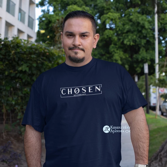 Chosen - not forsaken - igés, mintás, keresztény feliratos, kereknyakú férfi póló, SÖTÉTKÉK S - 2XL méretben ( S )