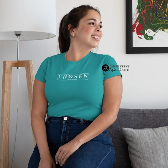 Chosen - not forsaken - igés, mintás, keresztény feliratos, kereknyakú női póló, TÜRKIZ színben XS - 2XL méretben ( XS )