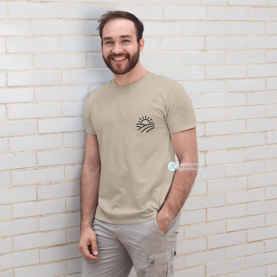 God is Good - igés, mintás, keresztény feliratos, kereknyakú férfi / unisex póló, KÉTOLDALAS MINTA, HOMOK S - 3XL ( S )