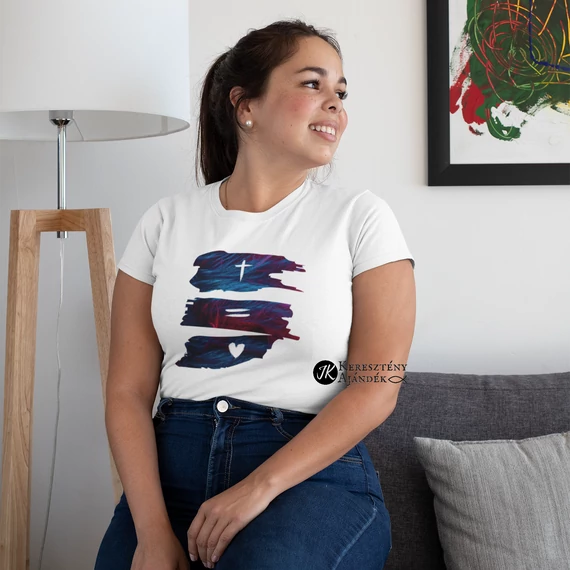 Kereszt = Szív ( János 3:16 ) - igés, mintás, keresztény feliratos, kereknyakú női póló, FEHÉR XS - 2XL ( 2XL )