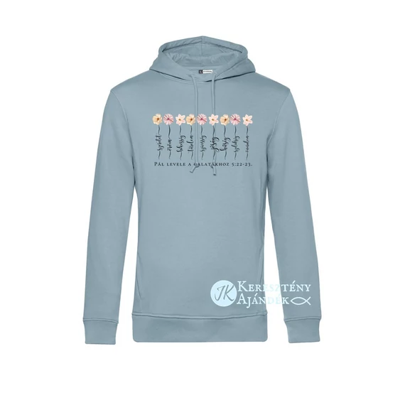 PRÉMIUM pulcsi: A Lélek gyümölcse - igés, keresztény feliratos, kapucnis, bebújós pulóver, UNISZEX fazon, VILÁGOSKÉK színben  S - 2XL méretben, fenntartható pamutból (S)
