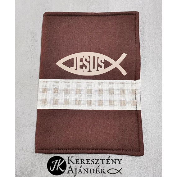 Jesus, Ichtys - barna színű, bibliaborító textil anyagból (Károli fordításhoz) 14x19 cm