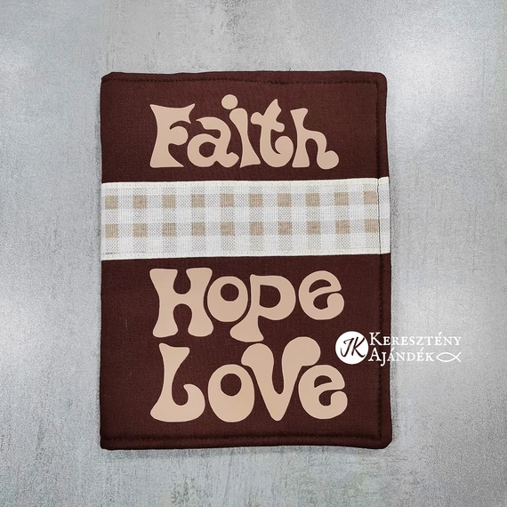 Faith Hope Love - barna, kockás bibliaborító textil anyagból RÚF közép méretre 19 x 15 cm