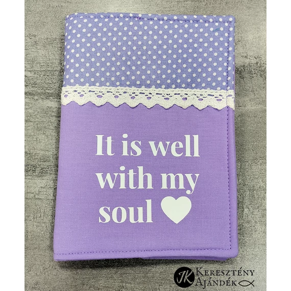 It is well with my soul - lila, pöttyös bibliaborító textil anyagból (Károli fordításhoz) 14 x 19 cm