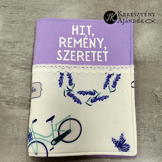Hit, remény, szeretet-(lila, csipkés) bibliaborító textil anyagból RÚF 17 x 22 cm 