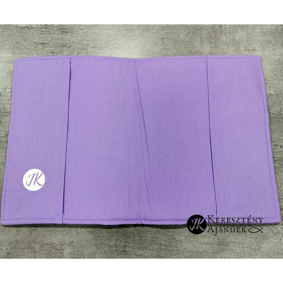 Hit, remény, szeretet-(lila, csipkés) bibliaborító textil anyagból RÚF 17 x 22 cm 