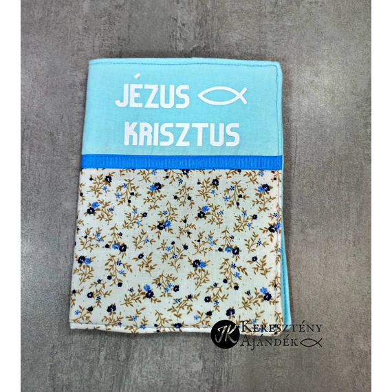 Jézus Krisztus - ( világoskék, virágos ) bibliaborító textil anyagból RÚF, 19x15 cm