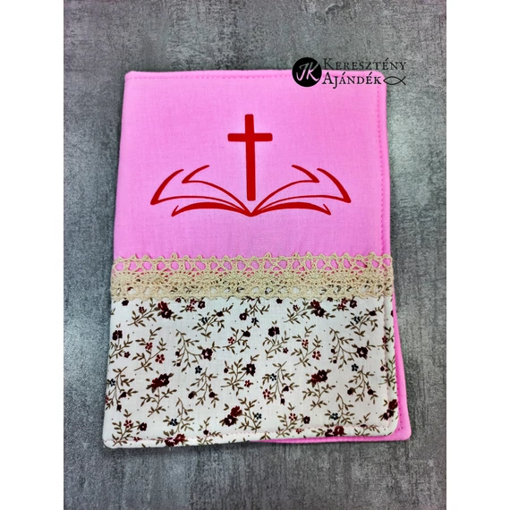 Kereszt és biblia - (rózsaszín, virágos) bibliaborító textil anyagból RÚF, 19x15 cm