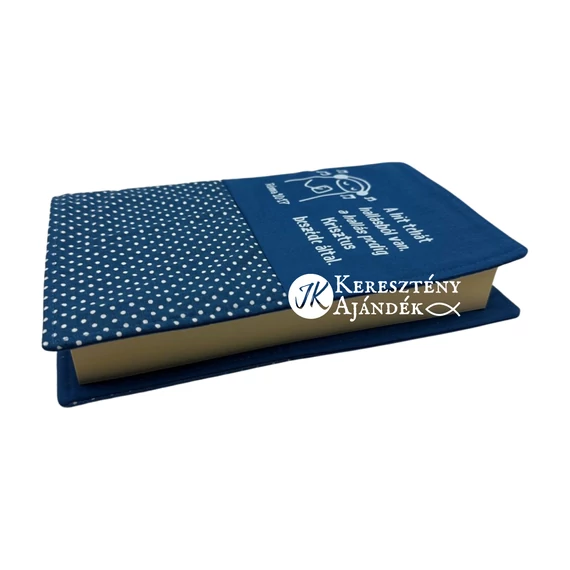 A hit hallásból van, a hallás pedig Krisztus beszéde által. Róma 10,17 - bibliaborító textil anyagból EFO / RÚF méretre FARMERKÉK PÖTTYÖS