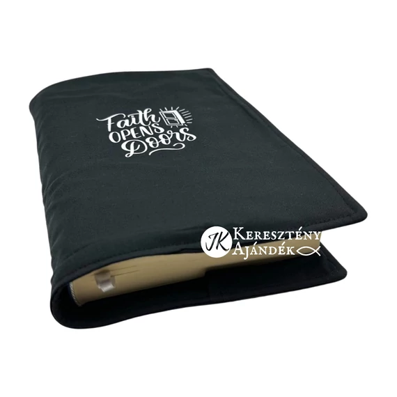 Faith opens doors - bibliaborító textil anyagból EFO / RÚF méretre FEKETE 