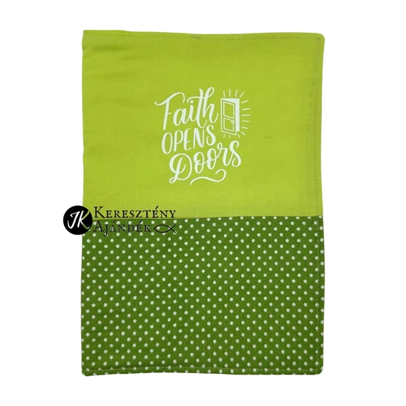 Faith opens doors - bibliaborító textil anyagból EFO / RÚF méretre VILÁGOS-SÖTÉTZÖLD PÖTTYÖS