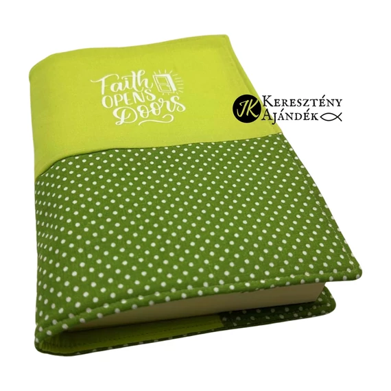Faith opens doors - bibliaborító textil anyagból EFO / RÚF méretre VILÁGOS-SÖTÉTZÖLD PÖTTYÖS
