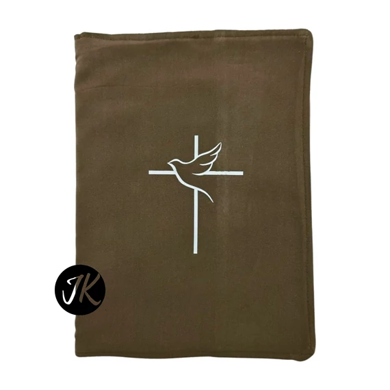 Kereszt és galamb - bibliaborító textil anyagból EFO / RÚF méretre BARNA