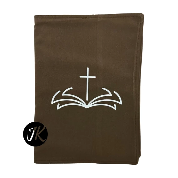 Biblia és kereszt - bibliaborító textil anyagból EFO / RÚF méretre BARNA