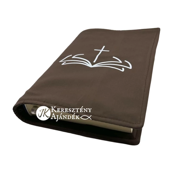 Biblia és kereszt - bibliaborító textil anyagból EFO / RÚF méretre BARNA