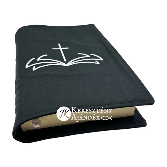 Biblia és kereszt - bibliaborító textil anyagból EFO / RÚF méretre FEKETE