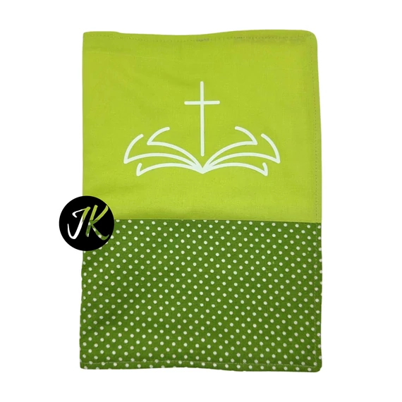 Biblia és kereszt - bibliaborító textil anyagból EFO / RÚF méretre VILÁGOS-SÖTÉTZÖLD PÖTTYÖS