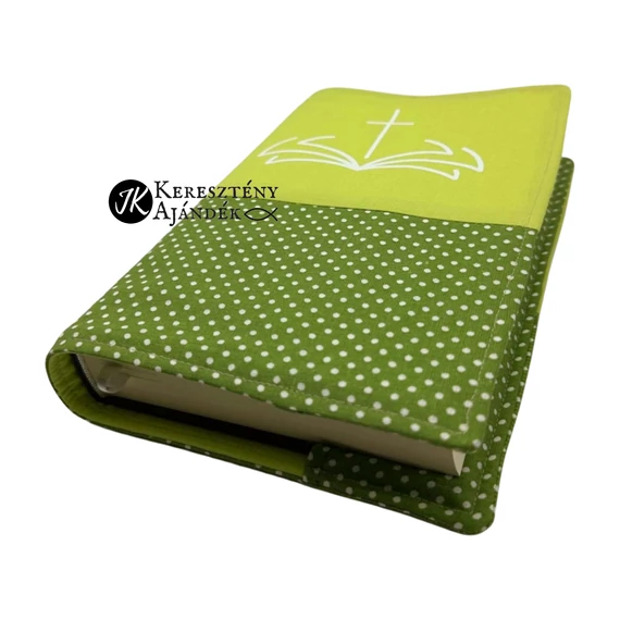 Biblia és kereszt - bibliaborító textil anyagból EFO / RÚF méretre VILÁGOS-SÖTÉTZÖLD PÖTTYÖS