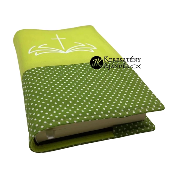 Biblia és kereszt - bibliaborító textil anyagból EFO / RÚF méretre VILÁGOS-SÖTÉTZÖLD PÖTTYÖS