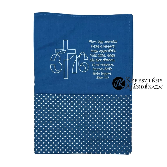 Mert úgy szerette Isten a világot - bibliaborító textil anyagból EFO / RÚF méretre FARMERKÉK PÖTTYÖS