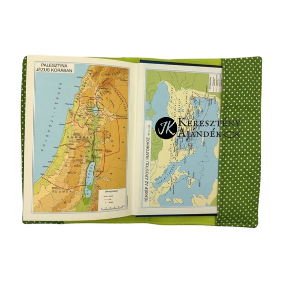 Faith opens doors - bibliaborító textil anyagból EFO / RÚF méretre VILÁGOS-SÖTÉTZÖLD PÖTTYÖS