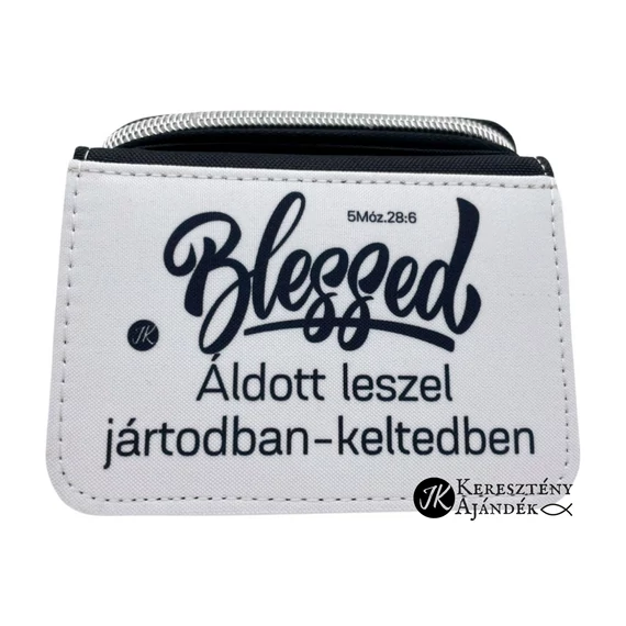 Blessed - Áldott leszel jártodban - keltedben - igés, keresztény feliratos NŐI, fekete, textil pénztárca ( bankkártya tartós, aprópénz fakkos ) + videós bemutató