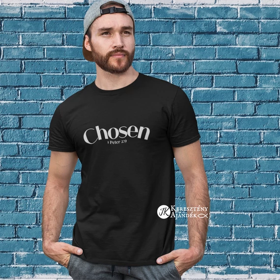 Chosen (választott) - igés, keresztény feliratos, kereknyakú férfi póló ( fekete színben, fehér felirattal ) L