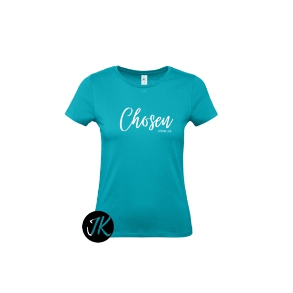 Chosen (választott) - igés, keresztény feliratos, kereknyakú női póló ( türkiz, fehér felirattal )