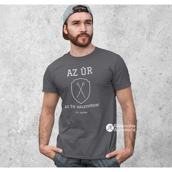 Az Úr az én pásztorom 23.Zsoltár - igés, mintás, keresztény feliratos, kereknyakú férfi / unisex póló, SZÜRKE 3XL