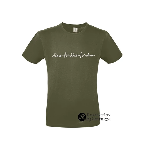 Jézus - Kávé - Amen - igés, mintás, keresztény feliratos, kereknyakú férfi / unisex póló, KHAKI S - 2XL méretben ( S )