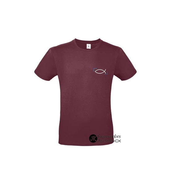 Ichthys / Keretes halas - igés, keresztény feliratos, kereknyakú férfi póló, burgundi BORDÓ színben S - 3XL  (S)