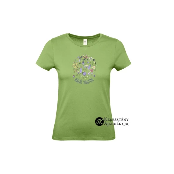 Hálás vagyok - igés, mintás, keresztény feliratos, kereknyakú női póló, VILÁGOSZÖLD színben XS - 2XL méretben ( S )