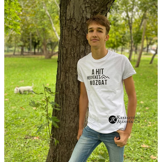 A hit hegyeket mozgat - igés, keresztény feliratos, férfi póló, fehér színben, fekete mintával S - 3XL