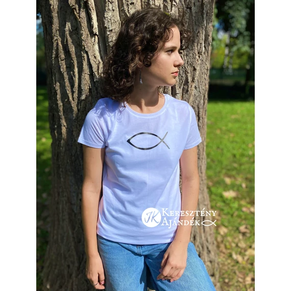 Halas ( Ichthys ) - igés, keresztény feliratos, kereknyakú, női póló, fehér színben, fekete hallal XS - 2XL