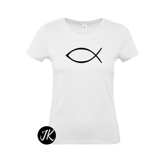 Halas ( Ichthys ) - igés, keresztény feliratos, kereknyakú, női póló, fehér színben, fekete hallal XS - 2XL