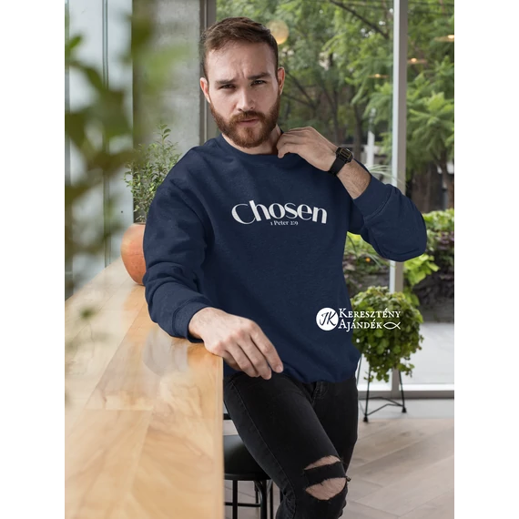 Chosen (választott) - igés, bebújós, kereknyakú pulóver, sötétkék színben ( férfias minta )