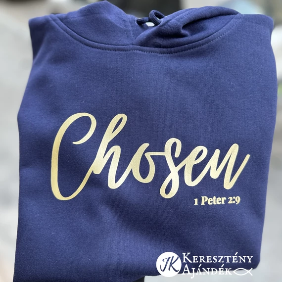 PRÉMIUM pulcsi: CHOSEN - igés, keresztény feliratos, kapucnis, bebújós pulóver, NŐI fazon, sötétkék színben  XS - XL méretben, fenntartható pamutból