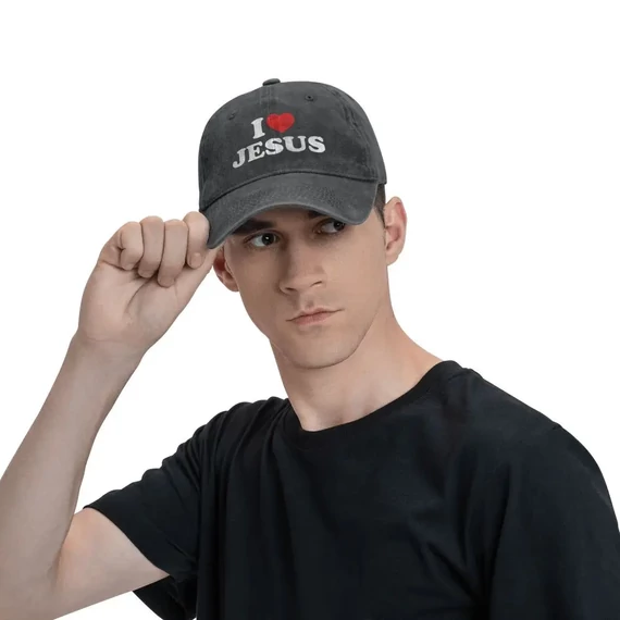 I love Jesus - igés, keresztény feliratos, farmer baseball sapka, sildes sapka, sötét SZÜRKE színben, állítható méret, unisex fazon