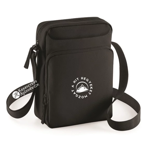 A hit hegyeket mozgat - feliratos, mini futártáska , messenger bag (keresztben hordható) FEKETE, fehér mintával