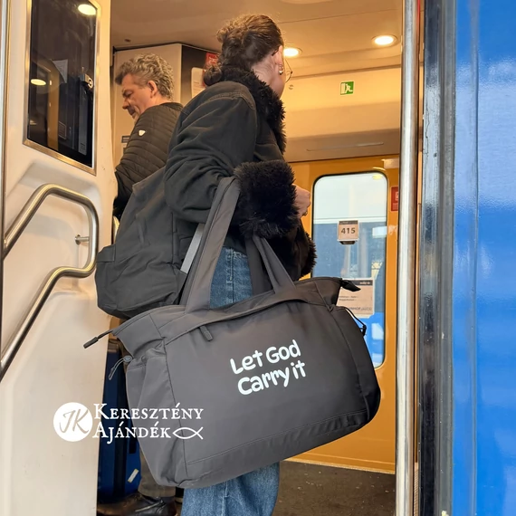Let God Carry It - női, oversized tote bag / nagyméretű oldaltáska, keresztény felirattal FEKETE 21Literes