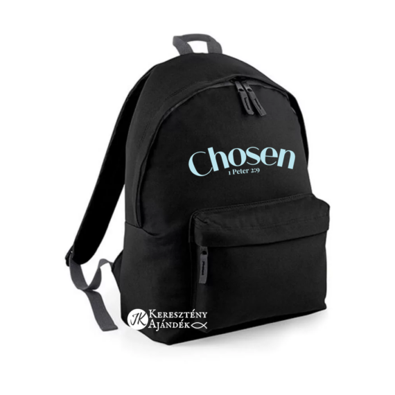 Chosen 1Pet.2:9 - keresztény feliratos, igés hátizsák, iskolatáska, hátitáska, fekete ( világoskék felirattal )
