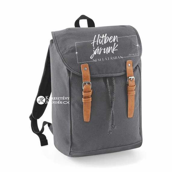 Hitben járunk, nem látásban - keresztény feliratos, laptop tartós, vászon hátizsák ( szürke színben )