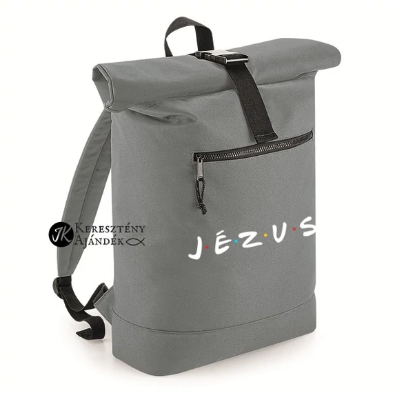 Jézus ( á la Friends aka Jóbarátok ) - igés, keresztény feliratos csavart tetejű, ( rolltop ) hátizsák SZÜRKE