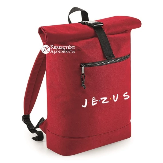Jézus ( á la Friends aka Jóbarátok ) - igés, keresztény feliratos csavart tetejű, ( rolltop ) hátizsák PIROS
