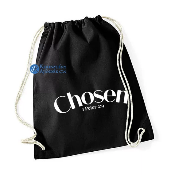 Chosen - igés, keresztény vászon tornazsák, hátizsák FEKETE, fehér felirattal