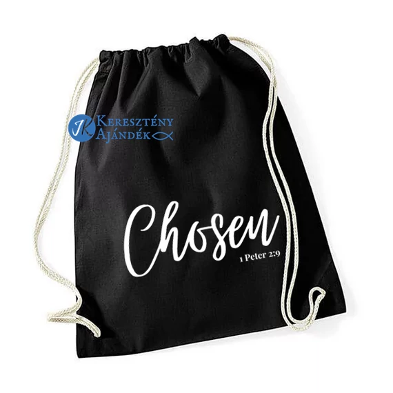 Chosen - igés, keresztény vászon tornazsák, hátizsák FEKETE, fehér felirattal